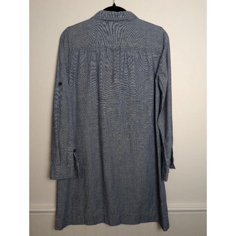 J.Crew Chambray Polkadot Shirt Dress Size S Blue Cotton Roll Tab Long Sleeve